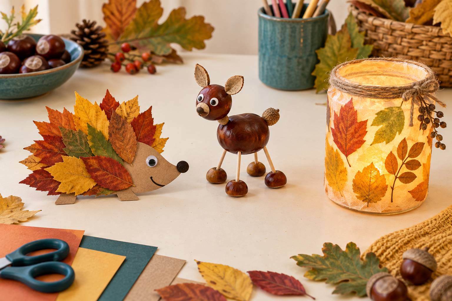 Herbstliche Bastelideen für Kinder: Blätter-Igel, Kastanientier und Blätterlaterne