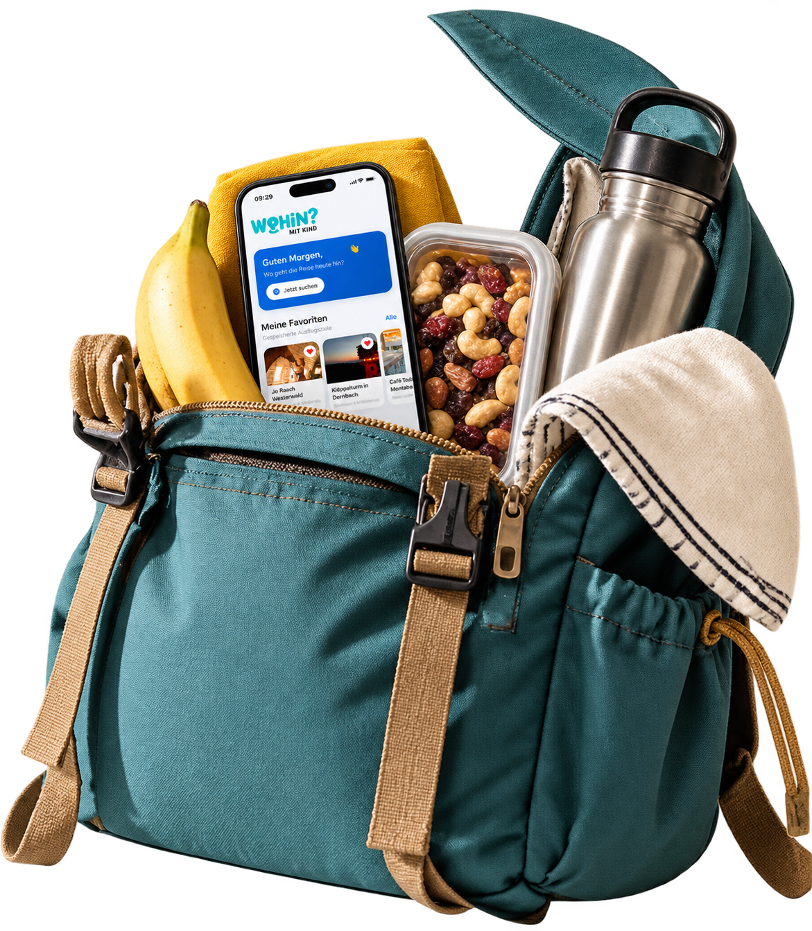Gepackter Ausflugsrucksack mit der Wohin mit Kind App auf dem Smartphone, Trinkflasche und Snacks